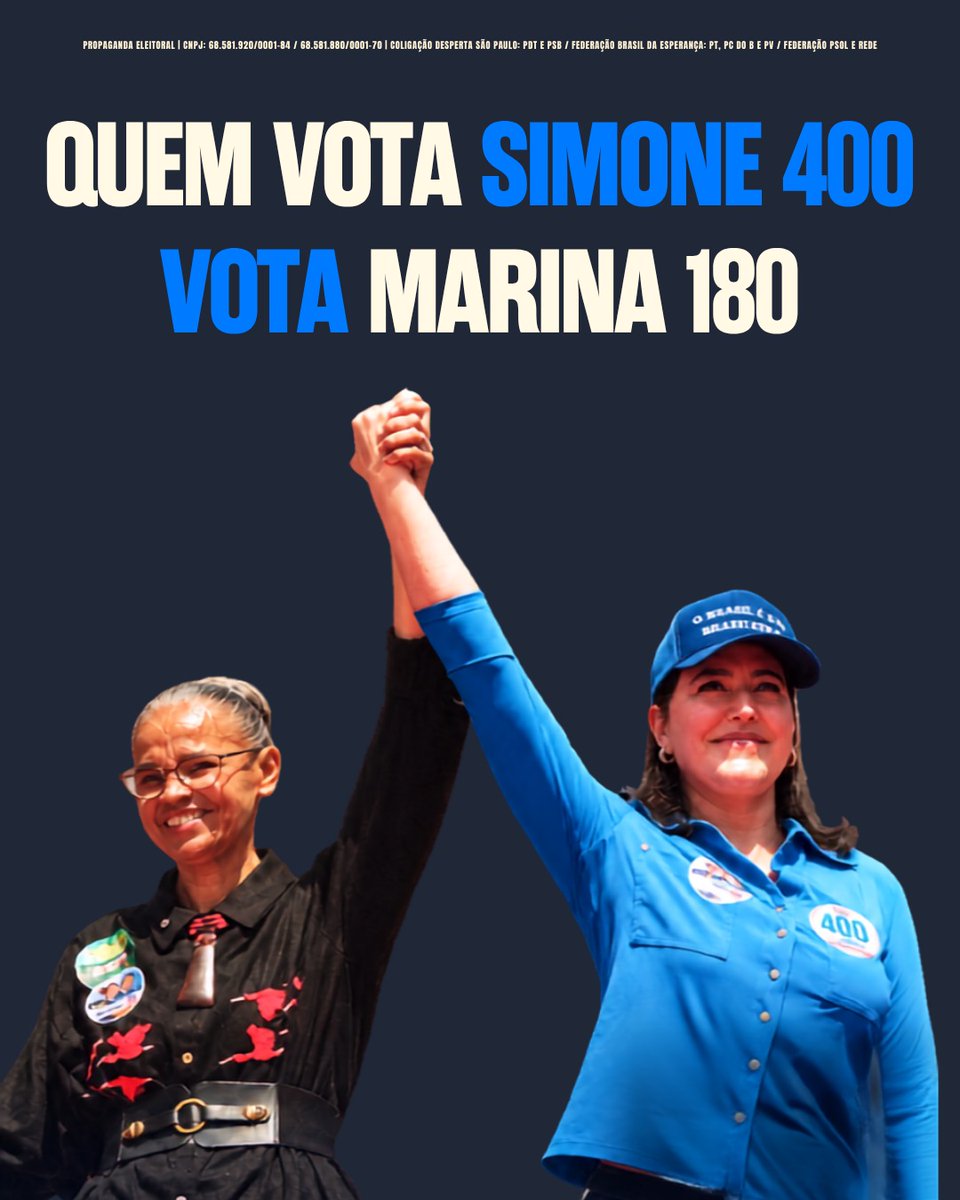 simonetebetbr's tweet photo. São Paulo vai fazer história ao eleger duas mulheres para o Senado Federal! 💙

VOTE
Simone 4️⃣0️⃣0️⃣✅ 
Marina 1️⃣8️⃣0️⃣✅

📲 Compartilhe para todos saberem que são dois votos para o Senado!

Essa é uma mensagem da Coligação Desperta São Paulo: PDT e PSB / Federação Brasil da Esperança: PT, PC DO B e PV / Federação PSOL e Rede. CNPJ: 68.581.920/0001-84 / 68.581.880/0001-70

#Simone400 #Marina180