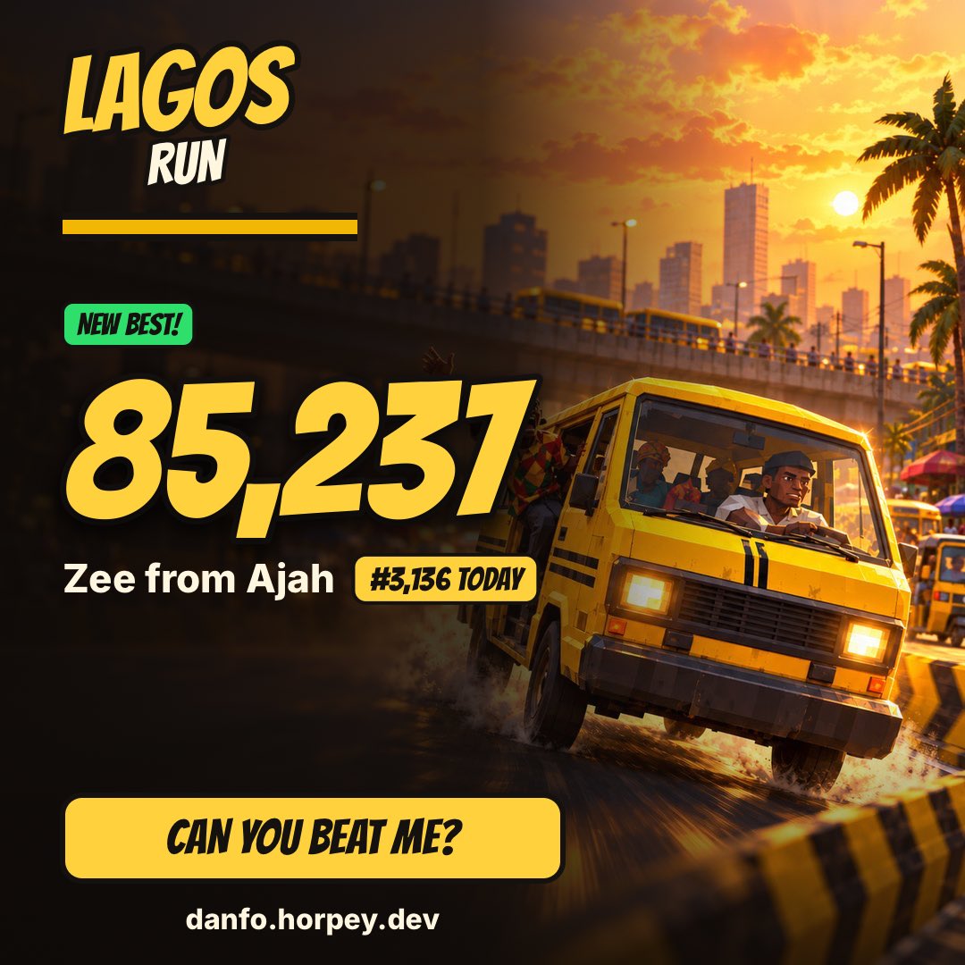 sacchiereads's tweet photo. I scored 85,237 driving danfo in Lagos Run. I'm #3,136 today. Can you beat me?
😭omo i too jam people o
https://t.co/rnQCi14sVK #LagosRun @eureka_seamless https://t.co/DOdUFFxP5S