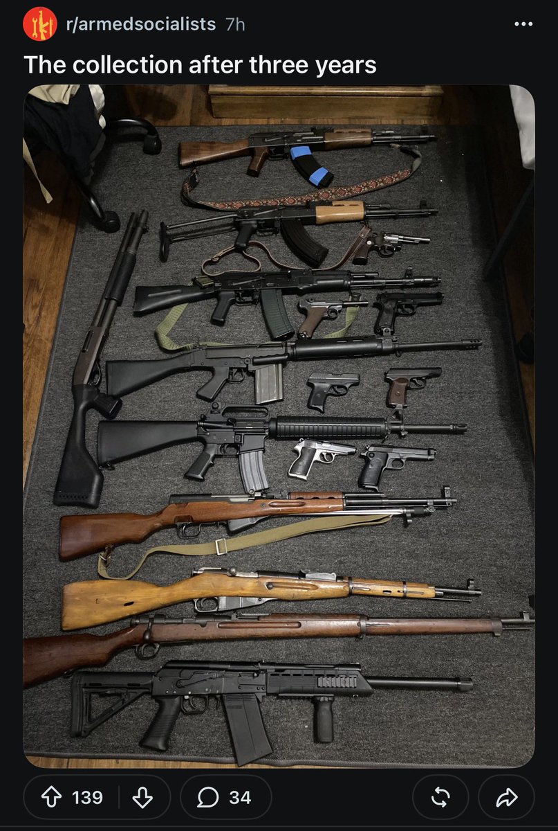 7DeadlyFetishes's tweet photo. r/ArmedSocialists user has been collecting guns for 3 years yet has somehow managed to avoid both buying a modern AR-15 (let alone a flat top) nor a modern polymer frame handgun.

Also peep the 4 AKs! 4! 

-7DeadlyFetishes https://t.co/eqii7bdj5b
