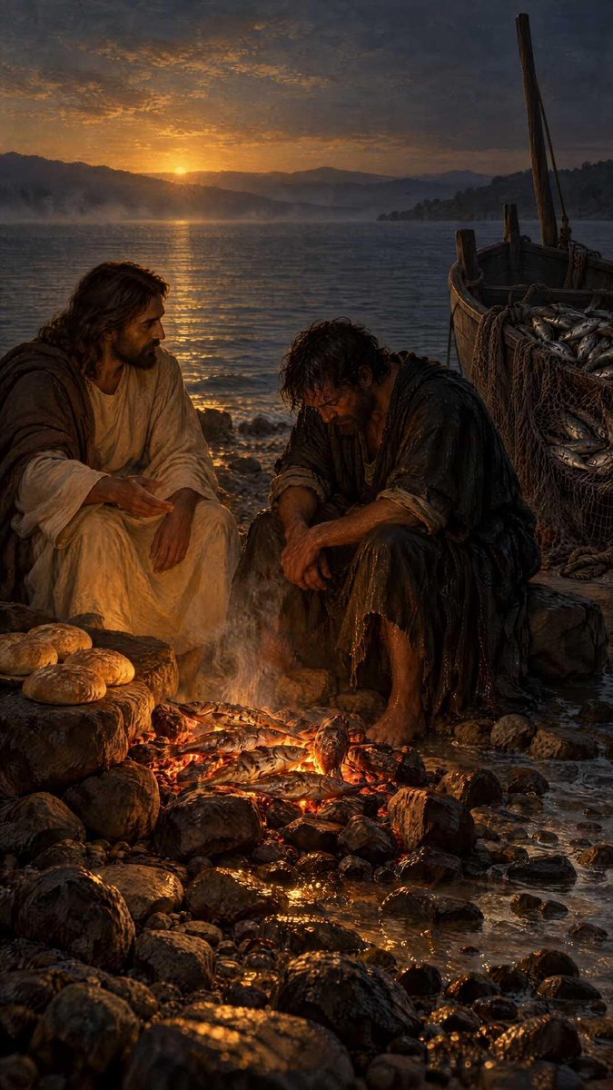 Adam_FaithfulM's tweet photo. There is a Greek word that appears exactly twice in the entire New Testament. The word is anthrakia, and it means a charcoal fire. John uses it once on the worst night of Peter's life, and once on the morning that gave his life back. The two scenes are separated by a few weeks and about seventy miles, but John connects them with this one rare word. Once you notice it, you can see that Jesus deliberately rebuilt the scene of Peter's greatest failure in order to heal it.

The first fire burned in the courtyard of the high priest. Jesus had just been arrested in Gethsemane and taken to the house where Annas and Caiaphas questioned Him through the night. Most of the disciples had scattered. Peter followed at a distance and got into the courtyard. John tells us it was cold, so the servants and officers had made a charcoal fire, and Peter stood with them, warming himself. That detail matters. Hours earlier, Peter had sworn to Jesus that even if everyone else fell away, he never would, that he was ready to go to prison and to death. Now he stood warming his hands at a fire among the men who had just arrested his Lord.

The questions came one after another. First, a servant girl at the door asked him, "You are not also one of this man's disciples, are you?" He said, "I am not." Then someone at the fire asked him the same thing, and again he denied it. The third question was the most dangerous. It came from a relative of Malchus, the servant whose ear Peter had cut off with a sword in the garden that same night. He said, "Did I not see you in the garden with him?" Matthew and Mark record that Peter began to call down curses on himself and swore, "I do not know the man." Three denials. Then the rooster crowed.

Luke adds the most painful detail in all the Gospels: "And the Lord turned and looked at Peter." Somewhere across that courtyard, bound and beaten, Jesus turned, and their eyes met. Peter remembered the words Jesus had spoken only hours before: before the rooster crows, you will deny me three times. And Peter went out and wept bitterly. The last time Peter saw Jesus before the cross, he was standing at a charcoal fire, having just sworn that he never knew Him.

Then Jesus died. Peter never got to take it back. For three days he lived with the knowledge that the last thing he had done for his Lord was abandon Him.

Even after the resurrection, the wound was still open. The angel at the tomb told the women, "Go, tell his disciples and Peter." And Peter, by name. Heaven knew exactly who needed to hear it. Jesus appeared to Peter privately, which Luke and Paul both mention, but Scripture never tells us what was said. The public restoration was still to come.

That happens in John 21. Peter has gone back to Galilee, back to the lake, back to his boats. "I am going fishing," he says, and six other disciples go with him. They fish all night and catch nothing. At dawn, a figure on the shore calls out, telling them to cast the net on the right side of the boat. They do, and the net fills with so many fish that they cannot haul it in. John counts them: a hundred and fifty-three large fish, and the net did not tear. Any fisherman in that boat would have recognized this, because it had happened before. Three years earlier, on this same lake, after a night of catching nothing, Jesus had filled Peter's nets in the same way. That was the day Peter fell at His feet and said, "Depart from me, for I am a sinful man, O Lord," and Jesus called him to follow. Now the miracle that began Peter's calling was happening again.

John says, "It is the Lord!" Peter doesn't wait for the boat. He throws on his outer garment and jumps into the sea, swimming a hundred yards to shore to get to Jesus. And when he climbs out of the water, dripping, the first thing he sees is a charcoal fire, anthrakia, with fish laid on it and bread.

Think about what Peter felt. The same kind of fire, the same smell of burning charcoal that had filled the courtyard on the night he denied his Lord. Smell is one of the strongest triggers of memory, and Jesus had set the scene exactly. He was not doing this to shame Peter. He was taking him back to the place where he broke so He could put him back together there.

After breakfast, Jesus turns to him. "Simon, son of John, do you love me more than these?" Notice the name. Not Peter, the Rock, the name Jesus had given him. Simon, son of John, the name of the fisherman before he was ever called. Peter answers, "Yes, Lord; you know that I love you." Jesus says, "Feed my lambs." He asks a second time. Peter answers again. "Tend my sheep." Then a third time, and John writes that Peter was grieved because Jesus asked him the third time. Of course he was. Three questions, at a charcoal fire, for three denials at a charcoal fire. Peter understood exactly what was happening. His answer the third time holds everything that is left of his old confidence: "Lord, you know everything; you know that I love you." He no longer boasted about what he would do. He could only say, "You know what is in me."

Each denial was answered by a confession, and each confession by a commission. Jesus did not merely forgive Peter; He put him back to work. The man who could not stand up to a servant girl was entrusted with the care of Christ's entire flock.

Then Jesus tells him how it will end. "When you were young, you dressed yourself and walked wherever you wanted, but when you are old, you will stretch out your hands, and another will dress you and carry you where you do not want to go," John explains that Jesus said this to show by what kind of death Peter would glorify God. The man who once swore he would die for Jesus and then ran would, in the end, actually do it. And Jesus closed with two words, the same two words He had spoken on that lakeshore three years before: "Follow me."

Watch what happens next. A few weeks later, at Pentecost, Peter stood in Jerusalem, the city where he had denied Jesus, and preached to thousands. Three thousand were baptized that day. Soon after, in Acts 4, Peter was arrested and brought before the council. Luke lists who was sitting there: Annas the high priest and Caiaphas. The same men whose courtyard fire he had warmed himself at. This time there was no denial. Peter looked at them and said there is salvation in no one else, for there is no other name under heaven by which we must be saved. The council was astonished at the boldness of these uneducated men, and they recognized that they had been with Jesus.

To the world, failure is final. Your worst moment defines you. Deny what you believe when it counts, and you are finished. But the Gospel has a charcoal fire on a beach. The denial was real, and the tears were real, but the restoration was more real. Jesus did not ignore Peter's failure. He brought him back to face it, and then He answered it with love, three times over.

Maybe you have your own charcoal fire. A night you would give anything to take back, a moment you denied Him with your words or your silence or your life. You may still be able to smell the smoke. Jesus knows where that fire burned. He is not waiting to shame you there. He is waiting to cook breakfast, ask you one question, and send you back out.

"Do you love me?" You know the answer. So does He.

Jesus is the Good Shepherd who restores the ones who ran. Thank You, Jesus.