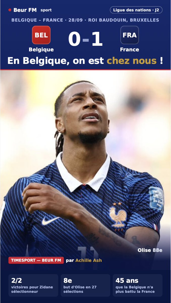 AchilleA1's tweet photo. 🇫🇷#NationLeague I #EDF I #BELFRA 

La logique a été respectée par les bleus de Zidane 🇫🇷 qui s'imposent en Belgique 🇧🇪 par la plus petite des marges ! 1-0. https://t.co/heTHP5LDrA