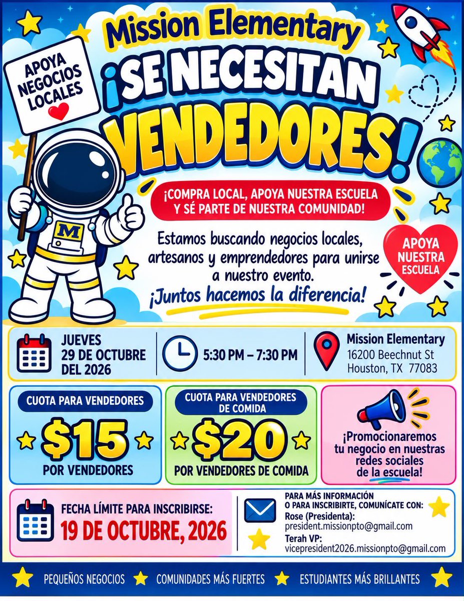 MissionPTO's tweet photo. 🍂🚀 TRUNKERS &amp; VENDORS NEEDED! 🚀🍂

Mission Elementary PTO is looking for Trunkers and Vendors to join us for our Fall Festival! 👻🍬✨

📅 Thursday, October 29, 2026

⏰ Set Up: 4:30 PM – 5:30 PM

🎉 Event: 5:30 PM – 7:30 PM

📍 16200 Beechnut Street, Houston, Texas 77083 https://t.co/79JCSGMOTe