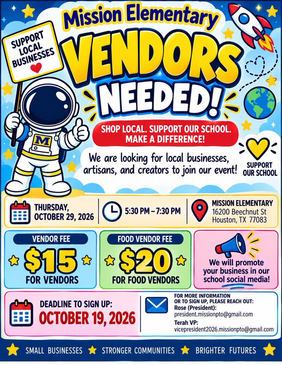 MissionPTO's tweet photo. 🍂🚀 TRUNKERS &amp; VENDORS NEEDED! 🚀🍂

Mission Elementary PTO is looking for Trunkers and Vendors to join us for our Fall Festival! 👻🍬✨

📅 Thursday, October 29, 2026

⏰ Set Up: 4:30 PM – 5:30 PM

🎉 Event: 5:30 PM – 7:30 PM

📍 16200 Beechnut Street, Houston, Texas 77083 https://t.co/79JCSGMOTe