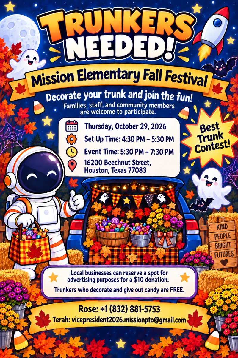 MissionPTO's tweet photo. 🍂🚀 TRUNKERS &amp; VENDORS NEEDED! 🚀🍂

Mission Elementary PTO is looking for Trunkers and Vendors to join us for our Fall Festival! 👻🍬✨

📅 Thursday, October 29, 2026

⏰ Set Up: 4:30 PM – 5:30 PM

🎉 Event: 5:30 PM – 7:30 PM

📍 16200 Beechnut Street, Houston, Texas 77083 https://t.co/79JCSGMOTe