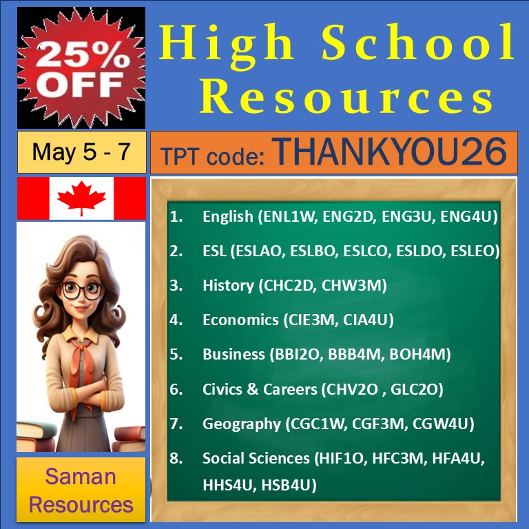 SamanResources's tweet photo. 🎉 TWO ANNIVERSARIES. ONE BIG SALE!

TPT turns 20 & Saman Resources celebrates 5 years on TPT!

📅 Sept 29 ONLY
🎟️ Code: 20YEARS
🔥 Full Courses: 40% OFF
🔥 Department Bundles: 50% OFF
🔥 High School Super Bundles: 60% OFF

📚 704 high school resources
📩 info@samanresources.ca
#TpTSale #TPT20Years #OntarioTeachers #HighSchoolTeachers #TeacherResources