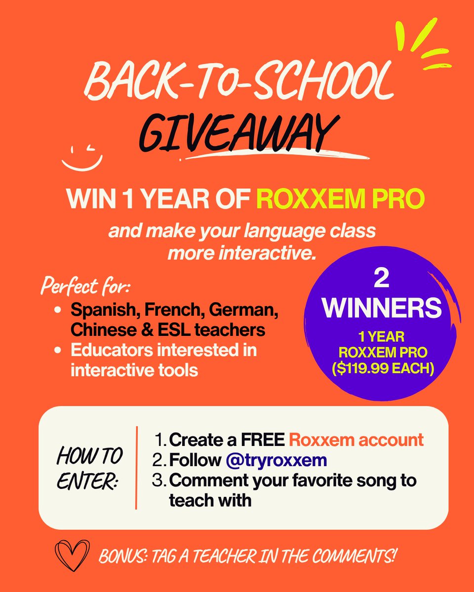 NumbersCajwq's tweet photo. Win Roxxem Pro! Make your language classes more engaging this school year. Two teachers will each receive Roxxem Pro, valued at $119. 99. Create a free account, follow Roxxem, and comment with your favorite song to teach. Entries close September 7. https://t.co/ERn8jawol7