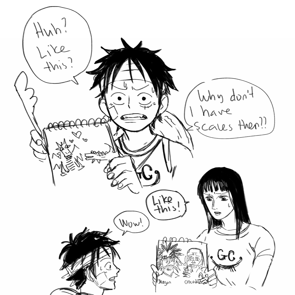 Diminuel's tweet photo. The prompt was Garp telling Luffy that Dragon and Crocodile are his parents and Luffy's reaction being this: https://t.co/r3a0hwLGSL