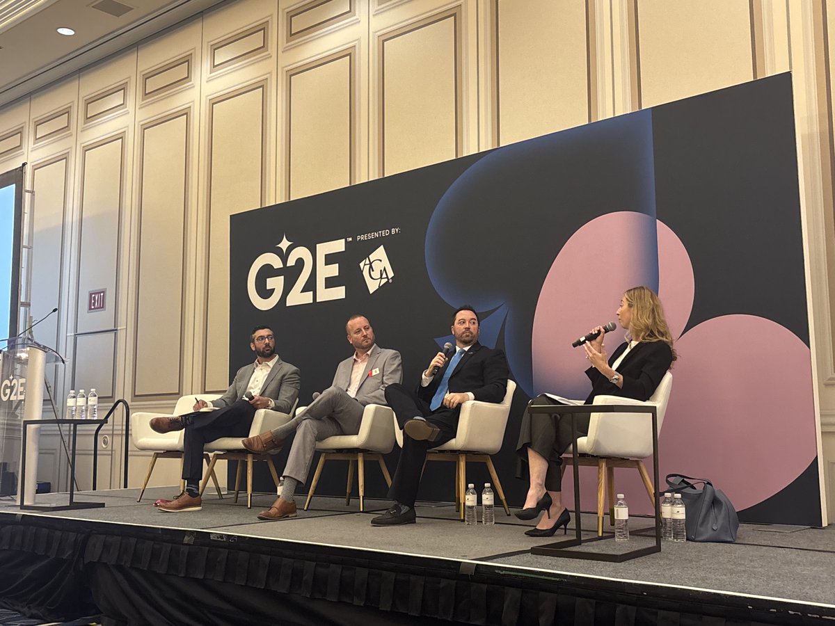 AmericanGaming's tweet photo. Today at #G2E2026, AGA's Tres York joined Rebecca Darin Goldberg (@HoganLovells), Joseph Casole (@IC360_FairPlay), and Shawn Fluharty (@ThePlayngo) for an important discussion on prediction markets, regulatory oversight, and integrity. https://t.co/EOLQPELQ80