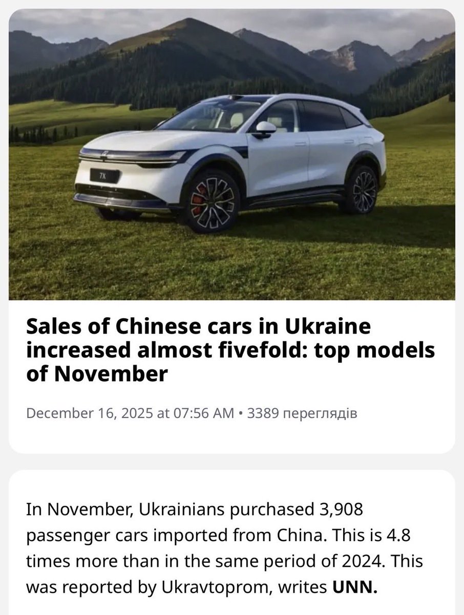 mg_reposting's tweet photo. Fun fact: Ukraine is actually an ally of Russia.

They buy like crazy Chinese cars and contribute to Chinese economy despite China being the main supplier of Russian war machine.

Not even to mention how much DJI drones are being bought by Ukrainian army. Chinese drones. And these Starlinks from pro-Russian Elon Musk. 

Greetings, NAFO fella