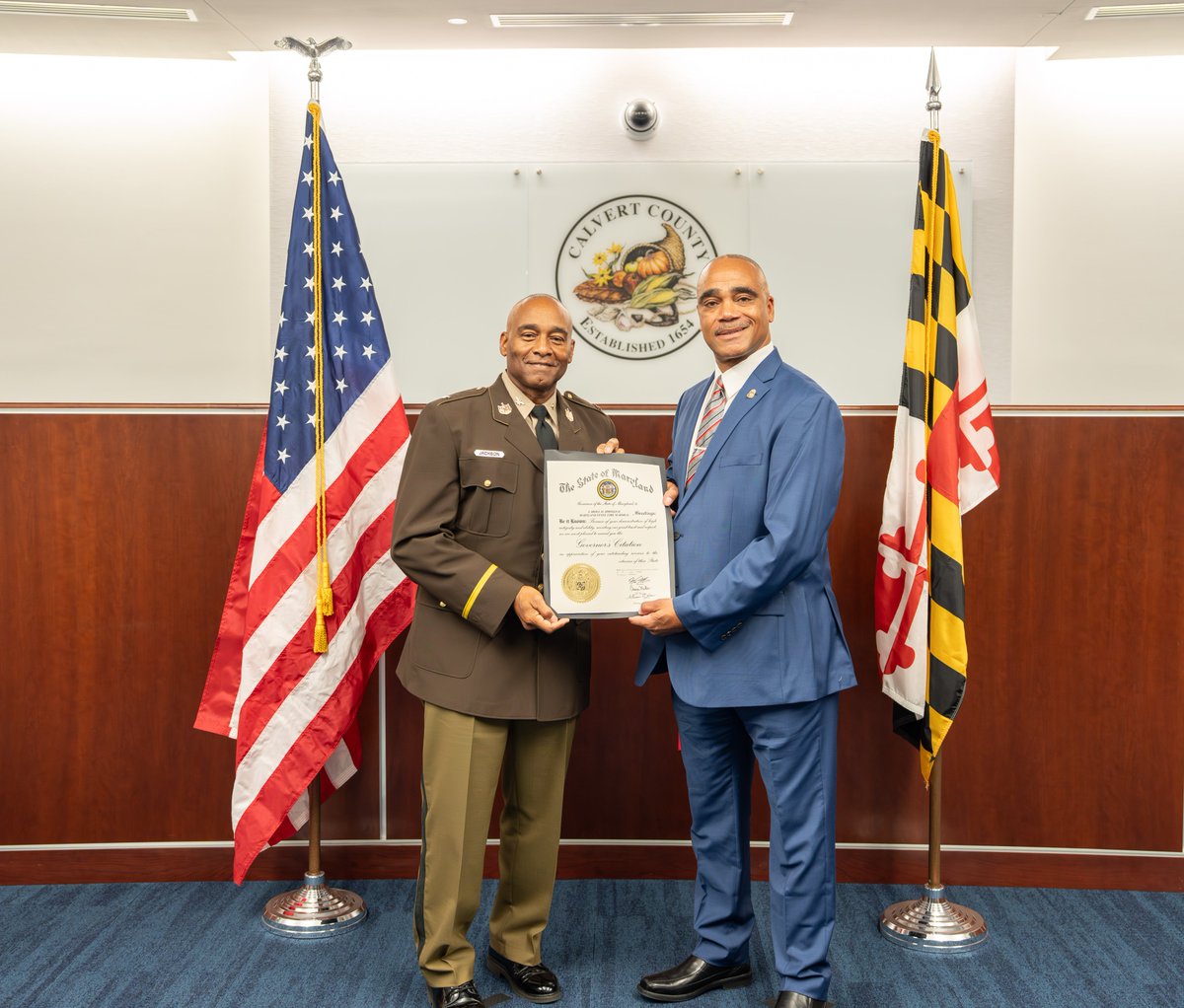 MDSP's tweet photo. Today marks a momentous occasion as Caroll H. Spriggs II was sworn in as Maryland State Fire Marshal at the Calvert County Administration Building. As State Fire Marshal, Spriggs will lead the nation’s oldest state fire marshal’s office.. (1/3) @MarylandOSFM https://t.co/IDuC8lkymS