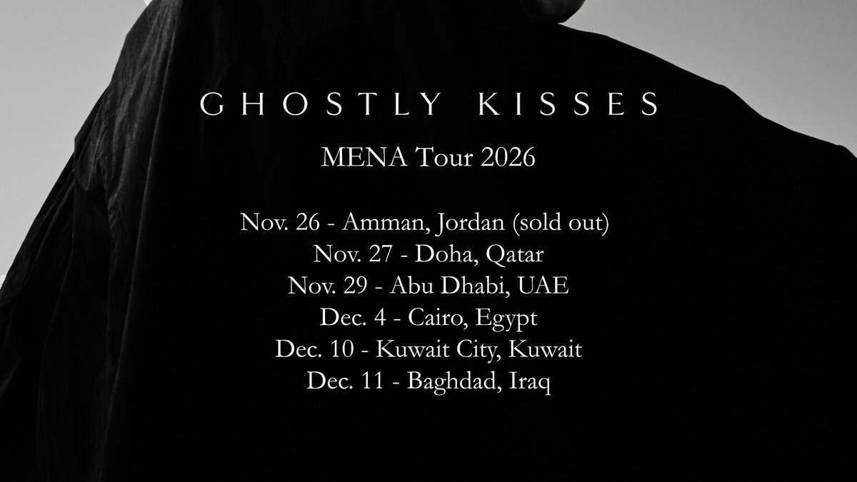 ghostly_kisses's tweet photo. more shows ☆*:・ﾟ

Nov. 29 – Abu Dhabi, UAE
Dec. 10 – Kuwait City, Kuwait
Dec. 11 – Baghdad, Iraq

pre-sale access goes to our mailing list on Sept. 30 // general sale is on Friday Oct. 2 🖤 https://t.co/68x1oSySge