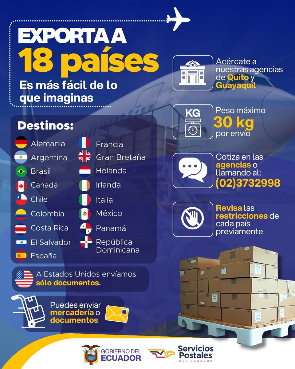 ServPostalEc's tweet photo. 📦 ¡Tus envíos llegan más lejos con #SPE!
✈️ Exporta a 18 países, envía mercadería o documentos y conecta con el mundo desde nuestras agencias de #Quito y #Guayaquil.
📍 ¡Haz que tu paquetería cruce fronteras con nosotros! https://t.co/ZdHuuMmL5u