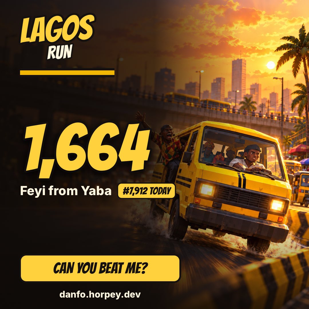 Feyisparkles's tweet photo. I scored 1,664 driving danfo in Lagos Run. I'm #7,912 today. Can you beat me? https://t.co/KCVzH2xHIK #LagosRun @eureka_seamless https://t.co/Zk158Mm0rJ