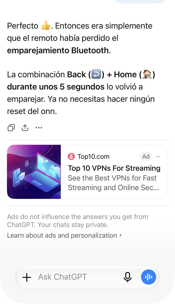ingeniopuro's tweet photo. Empezaron los comerciales o adds en chatgpt , muy mal, no más https://t.co/4l2DMbPeag