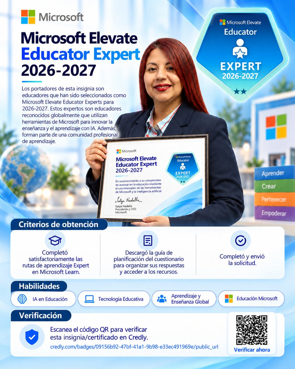 docentes_20's tweet photo. Nos complace compartir el reconocimiento de Ruth Marina Mujica como Microsoft Elevate Educator Expert 2026-2027, destacando su compromiso con la innovación educativa, la tecnología y la IA aplicada al aprendizaje. @mujicas 
#MicrosoftElevate #EducatorExpert #MicrosoftEducation https://t.co/JFqmL9F5dE