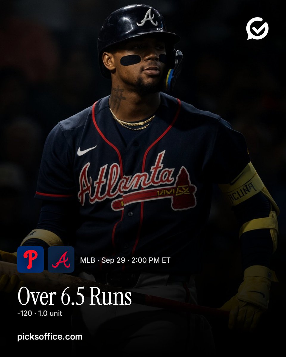 PicksOffice's tweet photo. Philadelphia's September bullpen was a fucking mess. I'm taking Over 6.5 in Phillies-Braves.

Its relievers posted a 5.79 ERA and allowed 13 homers in 74.2 innings during September's regular-season games.

They also let 66 of 171 inherited runners score across the full regular season.

Ronald Acuña Jr. torched the Phillies for a 1.377 OPS in seven September games.

Kyle Schwarber is the bat I want attacking Chris Sale.

Schwarber hit 15 homers with a .896 OPS in 258 plate appearances against lefties this season.

https://t.co/GcEr2eIEXD
