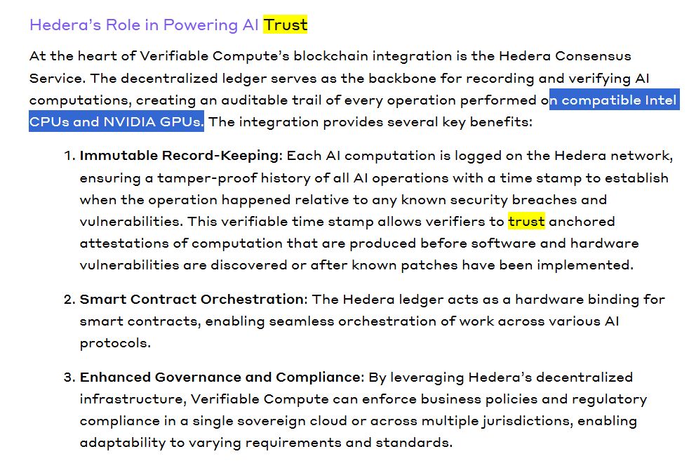 RealAllinCrypto's tweet photo. 🚨NVIDIA JUST LAUNCHED ITS NEW AI TRUST & SAFETY PLATFORM, WHILE HEDERA HAS ALREADY BEEN BUILDING AI TRUST INFRASTRUCTURE USING NVIDIA TECHNOLOGY FOR YEARS! $HBAR

EQTY Lab’s Verifiable Compute uses NVIDIA GPUs + @hedera to create tamper-proof proof of what AI actually did.

Now NVIDIA is bringing 100+ global giants together to build a “trust layer” for AI agents, with several already deeply connected to Hedera.

NVIDIA says AI needs trust, verification and accountability.

That is EXACTLY the problem Hedera has already been helping solve.

The dots are getting VERY hard to ignore.