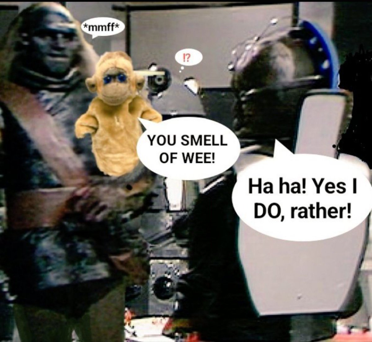 OgronThe's tweet photo. Recently me have been practising all hours with my VENTRILOQUIST MONKEY, Mr. GRAPES.🐒
The funny thing is, Mr. Grapes can get away with saying all SORTS of things that me CAN'T!
"DAVROS, you STUPID BALDY IDIOT!" him say.
"Oh, Mr Grapes," chuckles Davros, "You ARE a CHEEKY SCAMP!" https://t.co/phxvLD3mKx