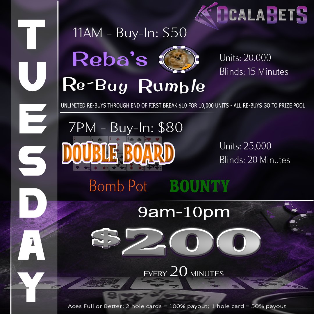 OcalaBets's tweet photo. High-stakes Tuesday awaits!
Ready to test your poker skills? Join us at 11am for Reba's Re-Buy Rumble and 6pm for a Double Board Pot Bounty. How many bounties will you collect?
#PokerNight #TuesdayVibes #GameOn #OcalaBetS https://t.co/e9nsIPiSuo