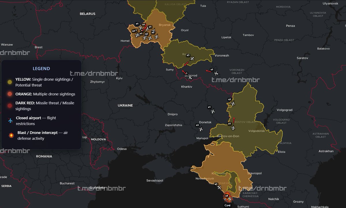 kardinal691's tweet photo. "The Angry Birds are flying!" 🤣🤣🤣
From #dronebomber
🚨23:40 | Air situation over the swamps 👀
The most intense activity is currently in the #Bryansk region – several groups of drones have gathered there, and some are moving north. https://t.co/MVNW1gnPbm