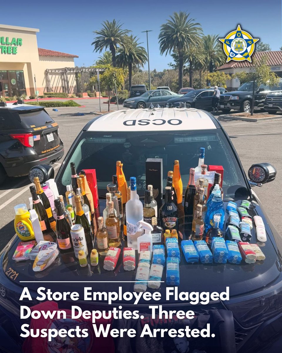 GLFOP's tweet photo. A store employee flagged down Orange County Sheriff’s Department deputies during a theft in progress at Smart & Final on September 16.

Deputies followed the investigation to a nearby vehicle, where they located two additional suspects along with stolen property. Surveillance footage from the store showed the three individuals working together during the theft.

All three were ultimately arrested on suspicion of organized retail theft, conspiracy and other theft-related charges.

A quick call for help turned into a coordinated investigation and three arrests.

Right place. Right time.

Source: Orange County Sheriff’s Department, Rancho Santa Margarita Police Services, used for informational purposes.

#OCSD #LawEnforcement #Police #California #FOP