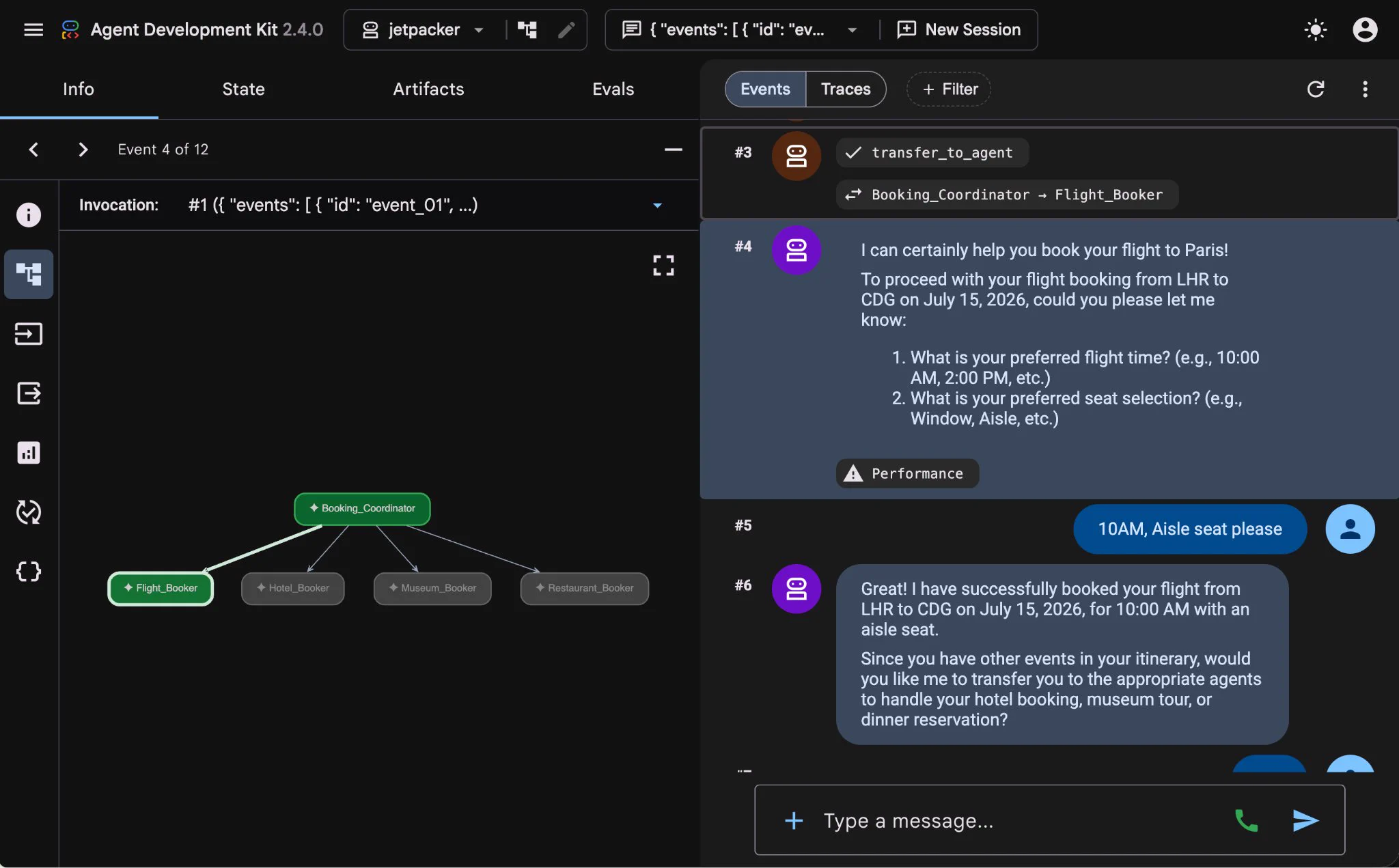 The ADK web interface shows how we can have a conversation with our multi-agent booking system.