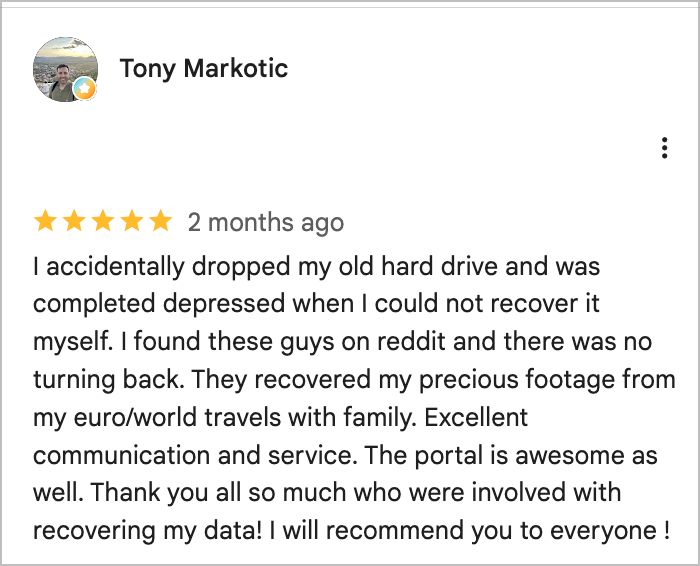 300DataRecovery's tweet photo. Dropped an old hard drive, thought the footage from his family trips through Europe was gone for good. It wasn't. 💾✨ Tony's precious travel memories are back, and he found us on Reddit. 🎉

https://t.co/20UUGcf4j0

#300DDR #DataRecovery https://t.co/OJSOfIkx88