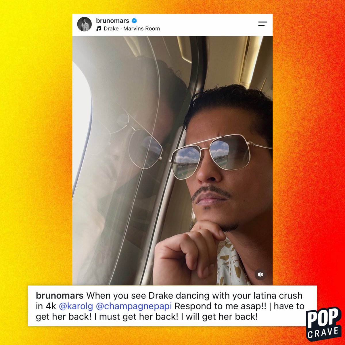 PopCrave's tweet photo. Bruno Mars jokes about Drake taking Karol G from him:

“When you see Drake dancing with your latina crush in 4k ... Respond to me asap!! | have to get her back! I must get her back! I will get her back!” https://t.co/Isb9KQ1AKP