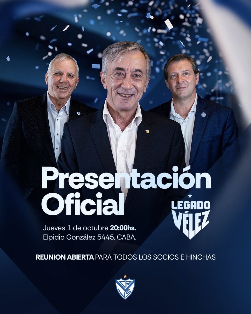 LegadoVelez's tweet photo. Los momentos más grandes de nuestra historia los construimos unidos 💙

👉🏻 Te invitamos al lanzamiento oficial de Legado Vélez. Vení a compartir, debatir y construir.

🗓 Jueves 1° de octubre
⏰ 20:00 hs
📍 Elpidio González 5445

👥 REUNIÓN ABIERTA PARA SOCIOS E HINCHAS https://t.co/Lr5eT9aVUC