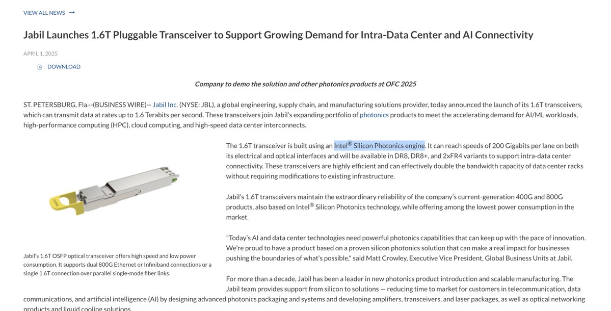 dizaq1's tweet photo. Some interesting $INTC - $SIVE connections I have picked up during my research:

2001: Intel invests in the Series A of a tiny Scottish laser fab called CST Global.

2020: Intel and CST are among the founding members of the CW-WDM MSA, the multi-wavelength laser spec for AI optics.

2025: Jabil launches a 1.6T transceiver "built using an $INTC Silicon Photonics engine", from the transceiver business it took over from Intel.

2026: Jabil announces a second 1.6T module, an LRO, being developed with DFB lasers from that Scottish fab, now Sivers Photonics $SIVE.

Pretty cool full circle connections, just picked them up while doing some investigating.