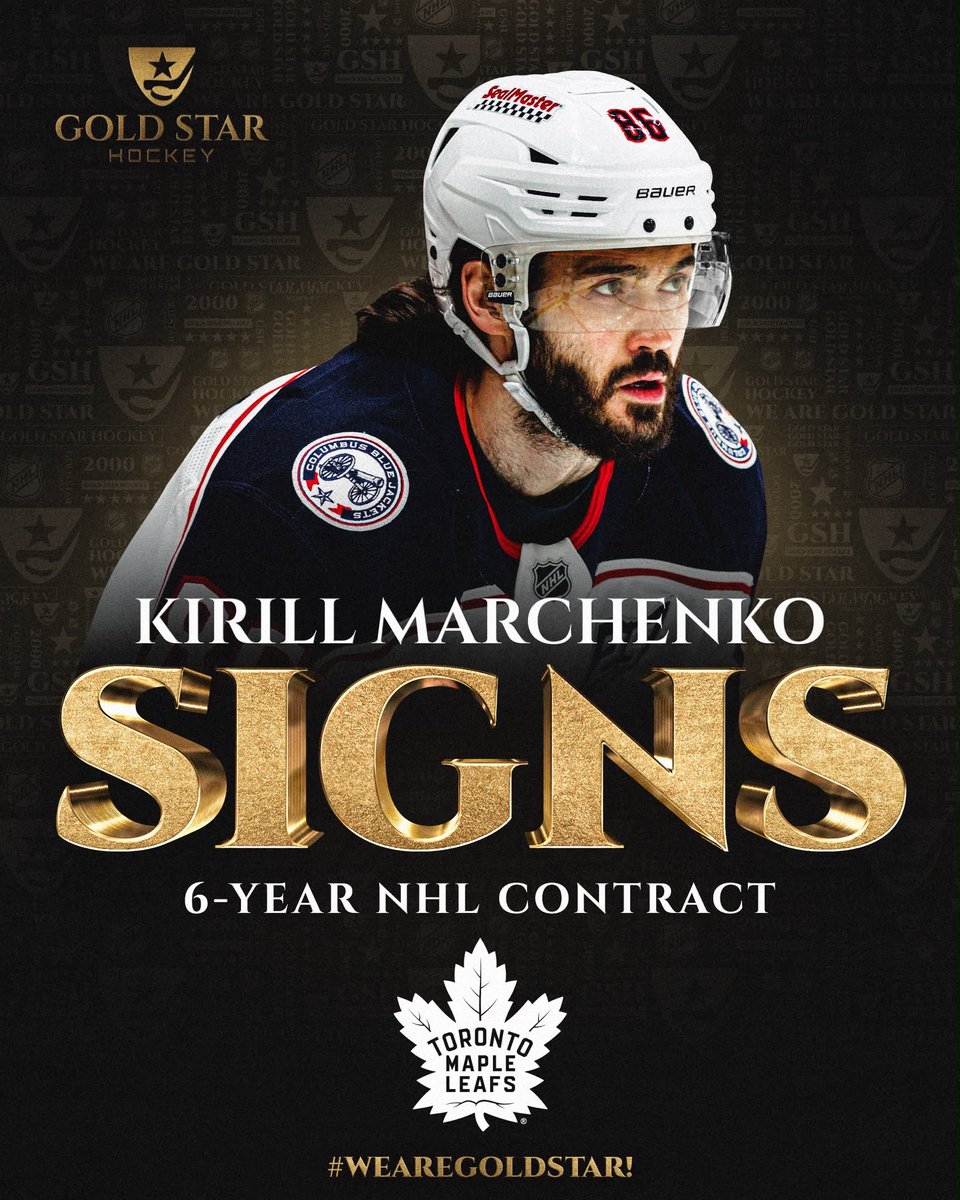 HockeyAgent1's tweet photo. Kirill Marchenko has agreed to terms on a six year, $75 million contract extension with the Toronto Maple Leafs, carrying an average annual value of $12.5 million. #WeAreGoldStar! https://t.co/n2ry3v7SUq