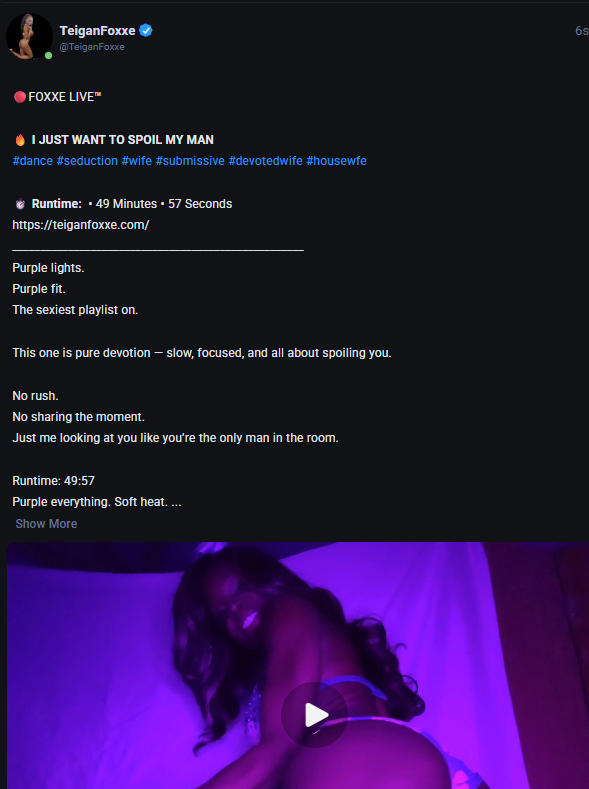 Teigan_Foxxe's tweet photo. 🔴FOXXE LIVE™
https://t.co/0VlhAmKE3F
🔥 I JUST WANT TO SPOIL MY MAN
#dance #seduction #wife #submissive #devotedwife #housewfe
⏱️ Runtime: • 49 Minutes • 57 Seconds https://t.co/he2NPpE7Ib