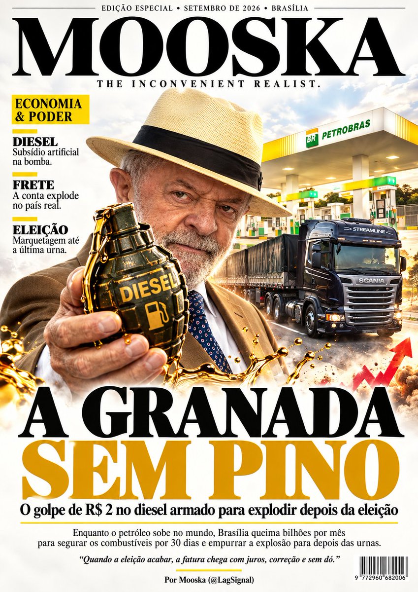 LagSignal's tweet photo. Mooska.

A GRANADA SEM PINO: O GOLPE DE 2 REAIS NO DIESEL ARMADO PARA EXPLODIR DEPOIS DA ELEIÇÃO

Guarde muito bem esta matéria no seu celular. 
Ela é a prova documental do maior estelionato eleitoral montado no Brasil desde a reeleição de Dilma Rousseff em 2014.

Nos próximos dias, você vai encostar o seu carro ou a sua moto no posto e vai achar que a vida está calma. O diesel e a gasolina parecem sob controle, a inflação parece domesticada e o governo vende a imagem de um país em paz.

Não se deixe enganar. 
Você está abastecendo em cima de uma bomba relógio armada com um temporizador de 30 dias.

Enquanto a guerra no Oriente Médio empurra o barril de petróleo para mais de 100 dólares no mercado internacional, o Palácio do Planalto assinou uma canetada secreta para queimar 15 bilhões de reais por mês do seu dinheiro para segurar os preços na marra.

A conta do represamento é de arrepiar qualquer pai de família: o governo @LulaOficial está bancando exatamente 
2 reais por litro de diesel com dinheiro público.

São 12,5 bilhões de reais por mês jogados na fogueira apenas para não deixar o preço do diesel disparar na bomba durante a campanha. 
Para a gasolina e o álcool, são mais 2,5 bilhões de reais mensais de subsídio artificial.

Essa subvenção milionária começou a vigorar ontem e tem um prazo de validade milimetricamente desenhado pela marquetagem política: exatamente 30 dias.

A conta não foi feita para resolver a economia. 
Ela foi calculada exclusivamente para durar até o fechamento da última urna do segundo turno.

No dia seguinte ao fim da votação, a proteção acaba e o dique se rompe.

O diesel vai subir 2 reais de uma vez só nas distribuidoras e a gasolina vai explodir logo atrás.

Quando o diesel sobe 2 reais por litro na bomba, o frete de todas as cargas do país entra em colapso. 
O preço do arroz, do feijão, do leite, do tomate, do remédio e da passagem de ônibus vai explodir em cadeia na mesma semana.

E é aqui que está montada a verdadeira armadilha que você precisa entender agora para não ser feito de palhaço amanhã.

A velha imprensa e o petismo já estão com as manchetes prontas na gaveta. 
No momento em que o combustível disparar após a eleição, eles vão tentar convencer você de que a culpa da carestia é da vitória de @FlavioBolsonaro.

Vão dizer que o mercado se assustou, que a oposição gerou instabilidade e que a nova gestão é responsável pela alta dos preços.

É uma mentira criminosa e covarde. 
A alta que vem aí já está contratada, assinada e paga pelo governo atual para comprar o voto do cidadão antes do domingo.

O golpe do combustível é o ápice de um pacote de ilusionismo eleitoreiro que já passa de 300 bilhões de reais em gastos fora do orçamento.

É o mesmo governo que passou anos esfolando o povo com a taxa das blusinhas e agora finge ser generoso revogando o imposto na véspera da votação.

É o mesmo consórcio que deixou o Bolsa Família mofar com 18% de defasagem inflacionária e correu para dar 90 reais de reajuste a uma semana da urna.

É a mesma máquina que arrecadava 40% como sócia oculta do Tigrinho e dos cassinos virtuais, levando 84 milhões de brasileiros ao endividamento, para agora pousar de protetora da família banindo o jogo por medida provisória de fim de feira.

Eles criam o desastre, lucram com a desgraça do povo e depois vendem a anestesia temporária na boca da urna.

Enquanto isso, a dona de casa vive o pesadelo da comida de mentira, trocando ingredientes nutritivos por ultraprocessados baratos porque o carrinho não enche mais. 
Um país onde a pobreza extrema e a má nutrição andam de mãos dadas.

Nenhum represamento de preços na história humana conseguiu cancelar as leis da matemática. 
Quando a eleição acabar, a fatura vai chegar na sua porta com juros, correção e sem dó.

Quando o preço do combustível explodir no mês que vem, você já sabe exatamente quem tirou o pino da granada e jogou no colo do povo brasileiro.

Zumm...
@ASachsida 
@soudanimarques 
@CarlosBolsonaro 
@BolsonaroSP 
@allanldsantos 
@taoquei1 
@kimpaim 
#GranadaSemPino #EstelionatoEleitoral #Diesel #Lula #Eleições2026 #Mooska