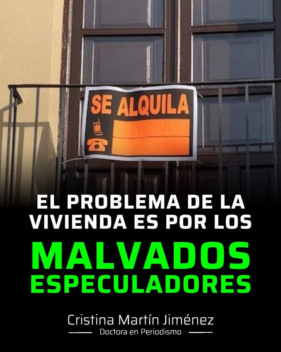 crismartinj's tweet photo. Trabaja. Ahorra. Compra una segunda vivienda para completar tu jubilación. Y enhorabuena: ya eres uno de los malvados especuladores que han destruido España.

La operación de ingeniería social es magnífica. El Gobierno fracasa en garantizar vivienda asequible, mantiene un parque público insuficiente y legisla durante años sin resolver el problema. Pero el culpable acaba siendo el pequeño propietario que pagó impuestos, hipoteca e intereses para conseguir un piso que le proporcione 600 o 700 euros cuando llegue una jubilación que tampoco sabe si el Estado podrá garantizarle.

Y todavía hay más.

Ese mismo Estado le exige que alquile, pero permite que pueda encontrarse con impagos, ocupaciones o meses de procedimientos para recuperar su propiedad. Después se sorprende de que muchos tengan miedo de ponerla en alquiler.

Primero crean inseguridad jurídica. Después reducen la oferta. Finalmente señalan al propietario porque los alquileres son caros. Así funciona el relato de los globócratas: jamás reconocer el fracaso del poder cuando puedes fabricar un enemigo entre los ciudadanos: hoy, el pequeño propietario codicioso.