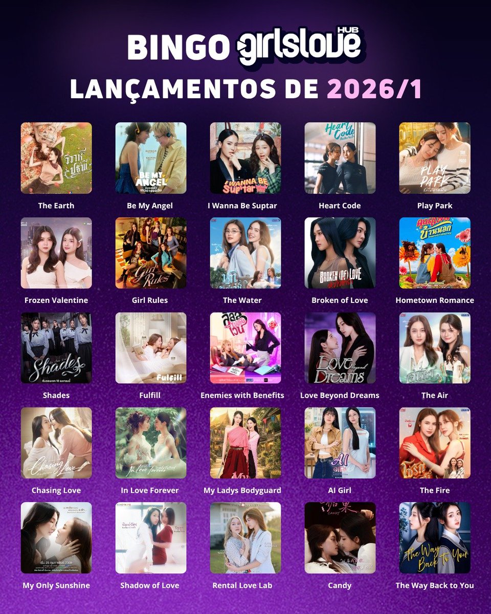 hubgirlslove's tweet photo. BINGO DE 2026! Marque apenas os GLs lançados no primeiro semestre desse ano que você assistiu ou está assistindo. https://t.co/auIsDVl32C