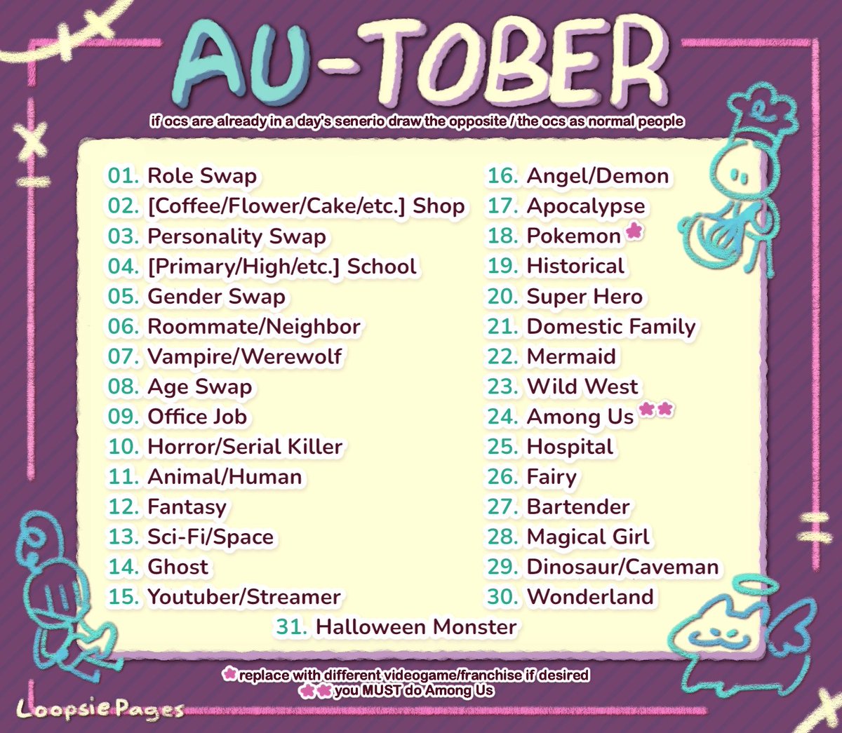 LoopsiePages's tweet photo. Did my own monthly prompt list for October!

AU-Tober! making random AUs for your OCs for fun 🐱🎀 https://t.co/yQNXEDdiFb