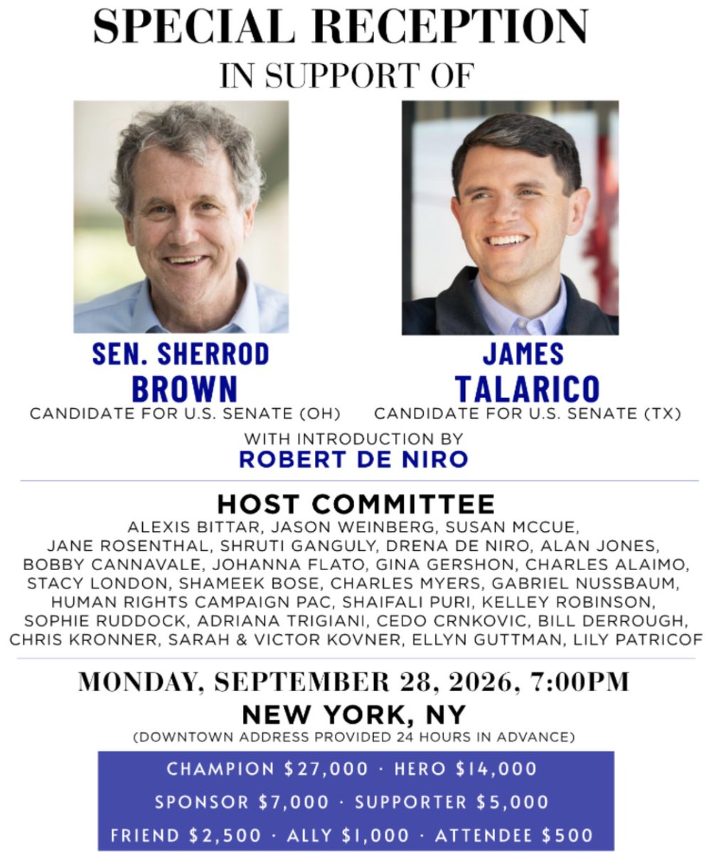 realBrandonGill's tweet photo. James Talarico is raising money in New York City tonight at an event hosted by Robert de Niro.

Two weeks ago, he raised money in Los Angeles at the home of the creator of Grey's Anatomy.

He raises money with California and New York elites because he's running to be their third Senator.