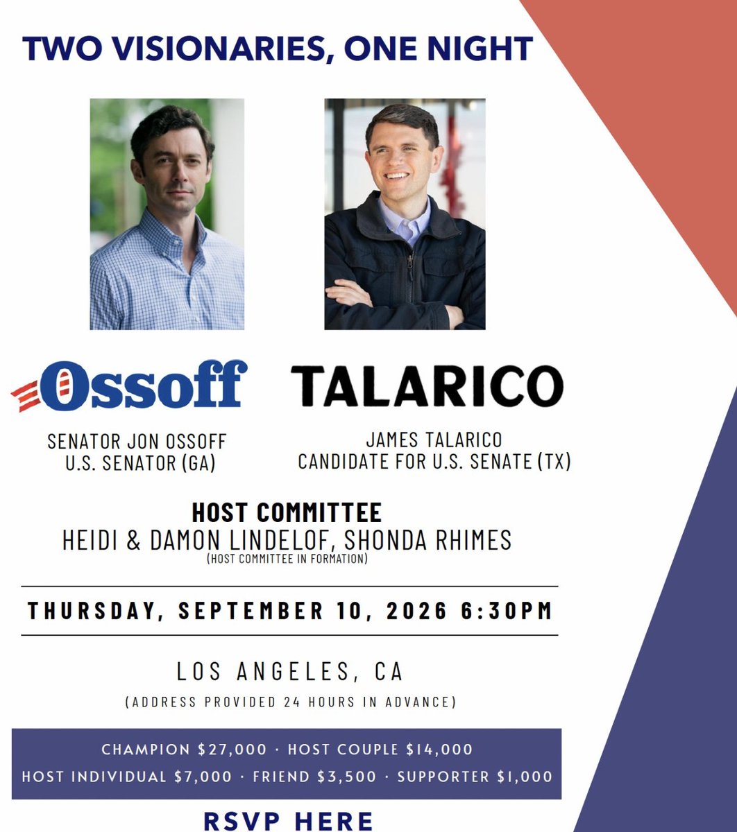 realBrandonGill's tweet photo. James Talarico is raising money in New York City tonight at an event hosted by Robert de Niro.

Two weeks ago, he raised money in Los Angeles at the home of the creator of Grey's Anatomy.

He raises money with California and New York elites because he's running to be their third Senator.