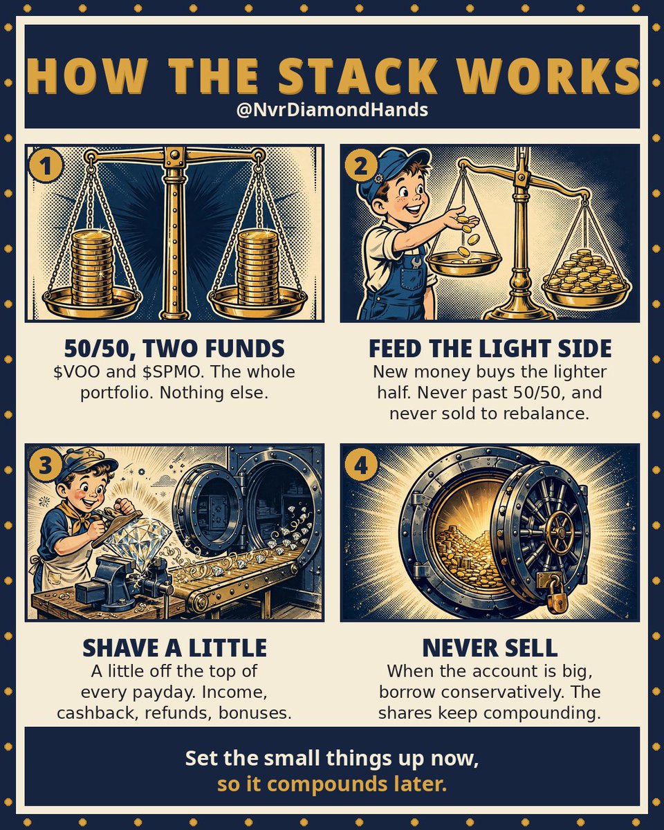 NvrDiamondHands's tweet photo. A few people asked what the actual system is. Here are all four rules on one card.

1. 50% $VOO, 50% $SPMO. That's the whole portfolio.
2. New money buys the lighter half. Never past 50/50, never sold to rebalance.
3. A little off the top of every payday. Income, cashback, refunds, bonuses. In, never out.
4. Never sell. When the account is big, borrow conservatively against it instead.

Set the small things up now, so it compounds later.