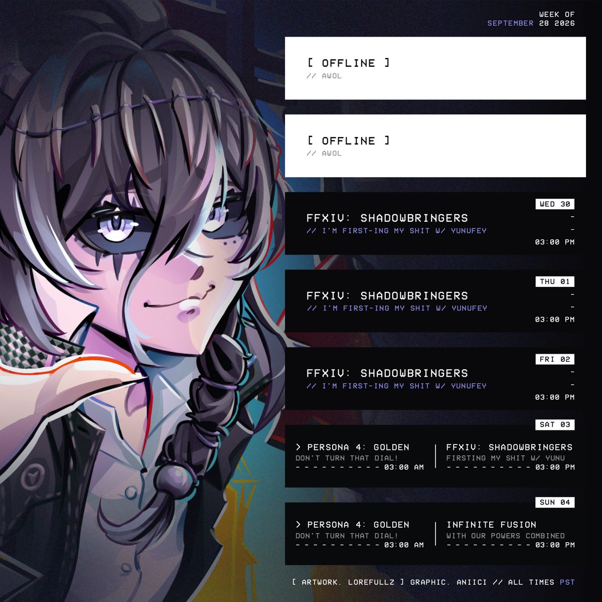 _Galv_'s tweet photo. Schedule for the week of September 28th! More FF14 with @Yunufey and P4: Golden! https://t.co/pCRX6uAC2z