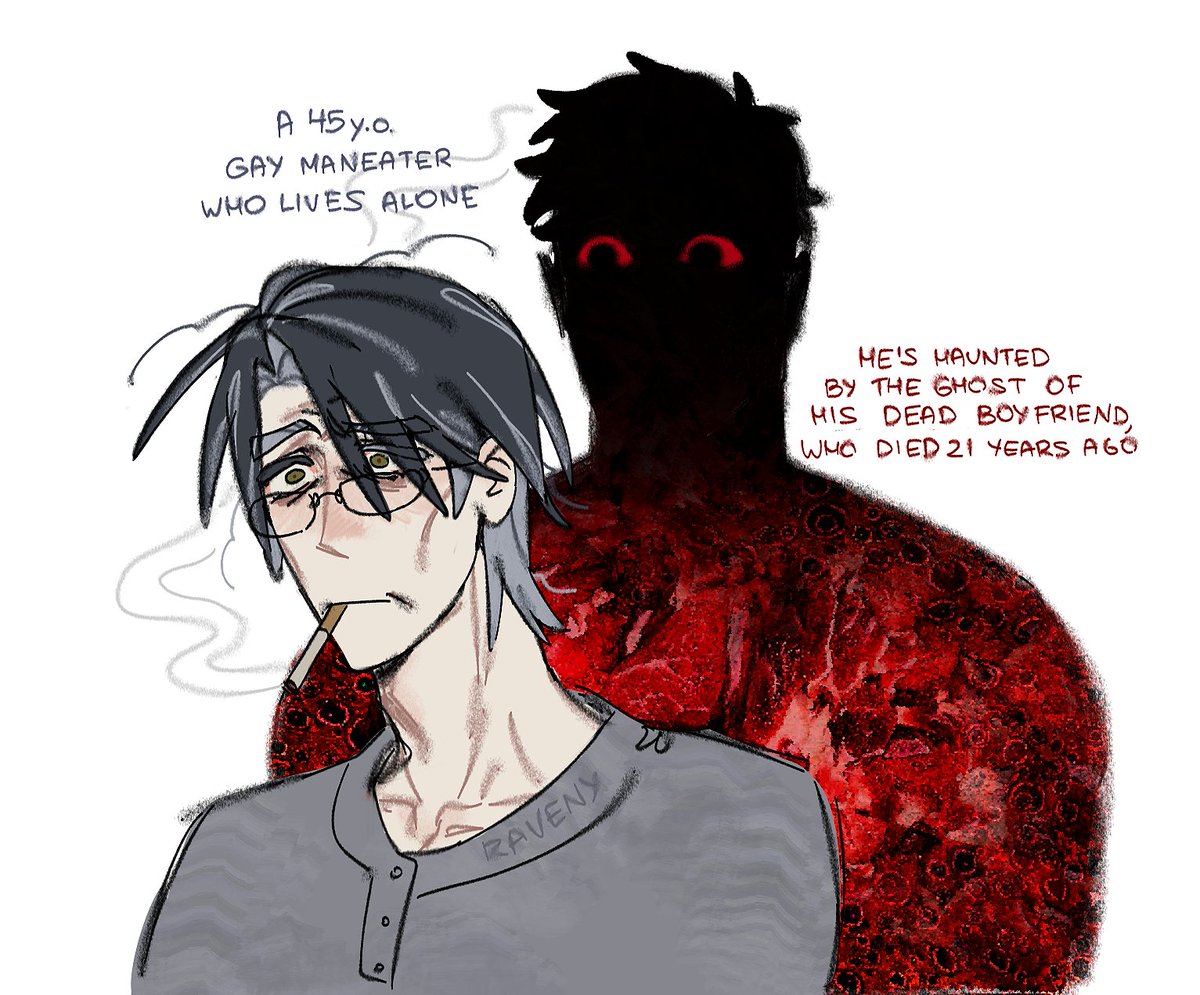 raveny_raven's tweet photo. oc doodles
Living alone, Lucian began seeing Flash, who silently watches him. Struggling with his mental state, he became heavily dependent on alcohol and cigarettes, though he drinks and smokes less around Flash https://t.co/l20k1SqFKZ