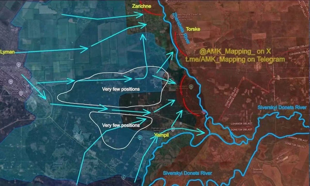 rshereme's tweet photo. This is why russians are terrorizing Ukrainian civilians. Not out strength but out of weakness.

The russian front near Lyman is collapsing. Ukrainian forces have pushed russian troops back by 9 km, liberated Dibrova and Piskunivka, and are advancing toward Torske.

Russian troops are retreating toward Kreminna and Rubizhne under heavy Ukrainian drone strikes.

OSINT analysts estimate nearly 190 km² of gains for Ukraine.