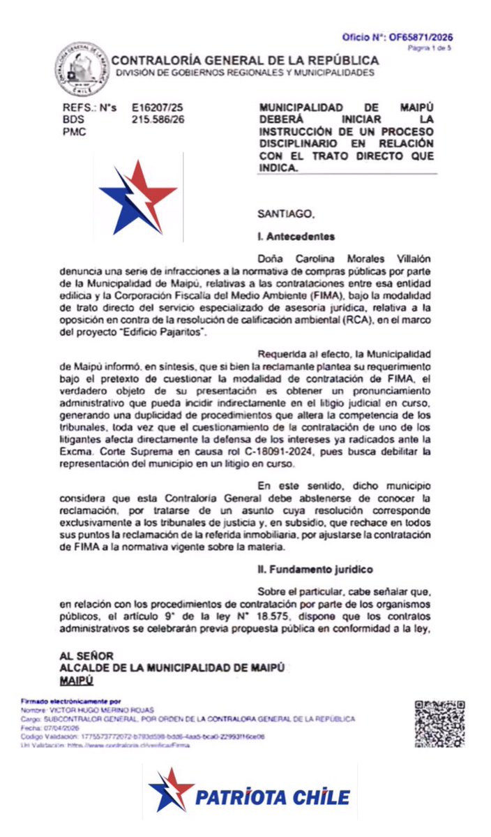 Soubirous_33's tweet photo. 🔴 #URGENTE | Patriotas, este es el documento de Contraloría, donde se inicia un proceso disciplinario en contra de Vodanovic, por infracción en la normativa de compra. Eligió a DEDO a la empresa de un Amigo llamada FIMA; Vodanovic debe ser Investigado, esto es MUY GRAVE. RT https://t.co/YvDDo3ZCtT