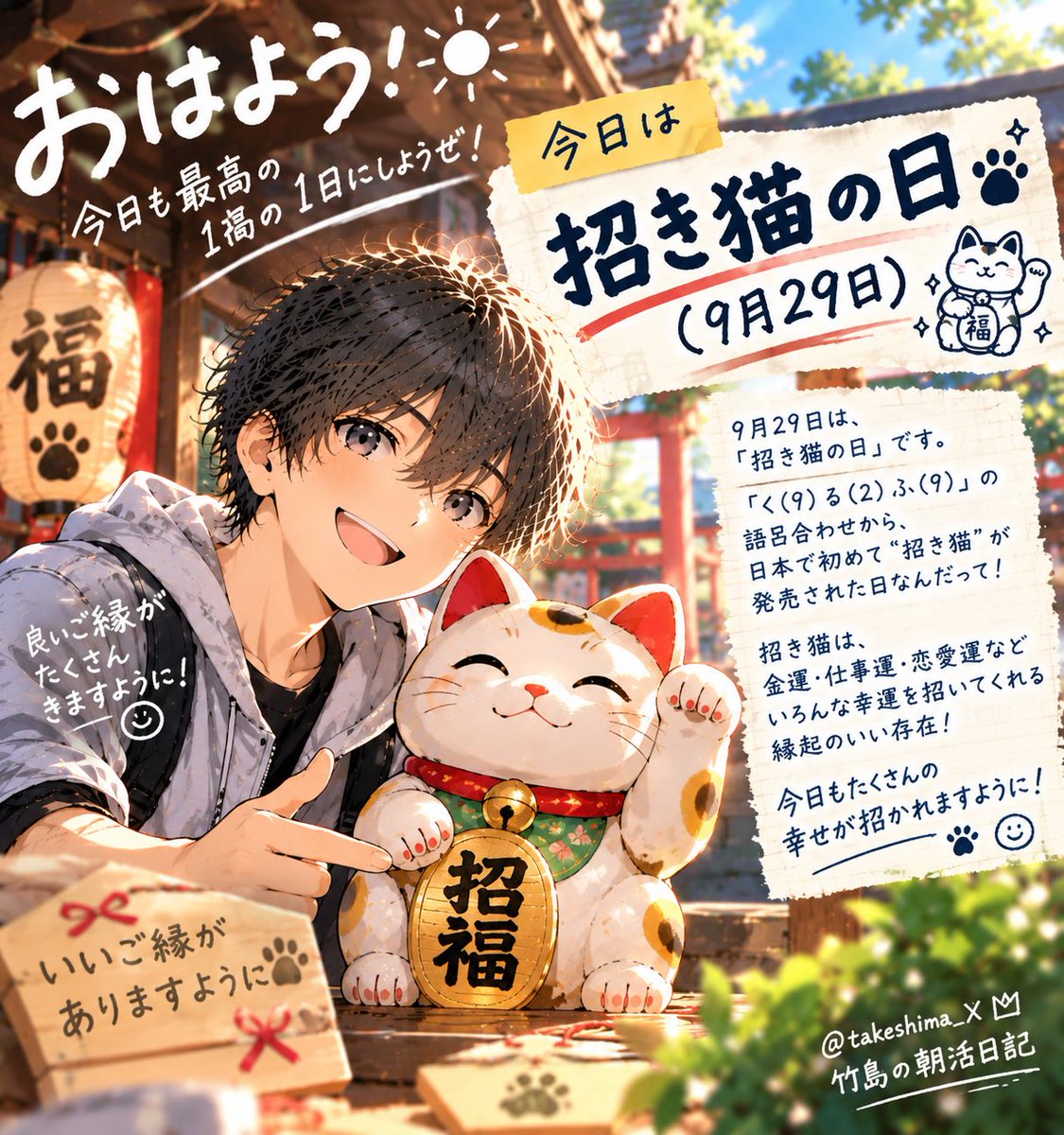 takeshima_X's tweet photo. GM世界🌏

9月29日 火曜日
招き猫の日
洋菓子の日
クリーニングの日

🏎今日の血液型占い🏎

O型▶︎▶︎福が寄ってくる日
ラッキーアイテムは赤い小物

A型▶︎▶︎きれいにすると運が乗る日
ラッキーアイテムは清潔なハンカチ

B型▶︎▶︎甘いご褒美が効く日
ラッキーアイテムは好きなお菓子

AB型▶︎▶︎人と縁がくっつく日
ラッキーアイテムは小さな招き猫

皆さんはどれに当てはまりましたか？
ぜひ教えてください✨

今日も張り切っていきましょう💪

仕事の人は頑張ってください！
休みの人はゆっくり休んでください😴

本日もよろしくお願いします🔥