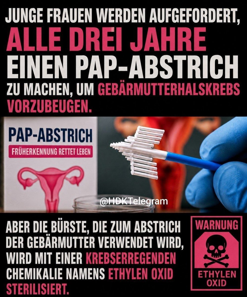 LionLeonidas3's tweet photo. NETZFUND 💥💥💥 
Jungen Frauen wird empfohlen, alle drei Jahre einen Abstrich vom Gebärmutterhals machen zu lassen, um Gebärmutterhalskrebs vorzubeugen.

Allerdings wird der Abstrich, der zur Entnahme von Zellen vom Gebärmutterhals verwendet wird, mit Ethylenoxid sterilisiert – einem bekannten Karzinogen.

Das Gleiche gilt für die Mammographie!
