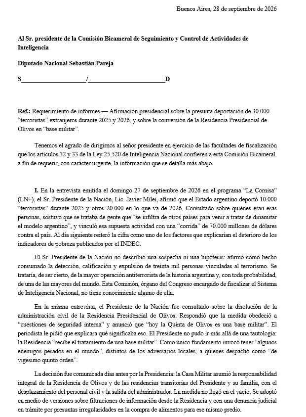 rodotailhade's tweet photo. Presentamos un pedido ante la Bicameral de Inteligencia para que el gobierno explique la presunta deportación de 30.000 “terroristas” y la conversión de la Residencia Presidencial de Olivos en “base militar”. 
O 1) Milei es opa y está más paranoico y desquiciado de lo que ya sabíamos, o 2) estamos al borde de ser la nueva Franja de Gaza.
Igual, tranquilos: no necesito esperar la respuesta de la SIDE para saber que la opción correcta es la 1.