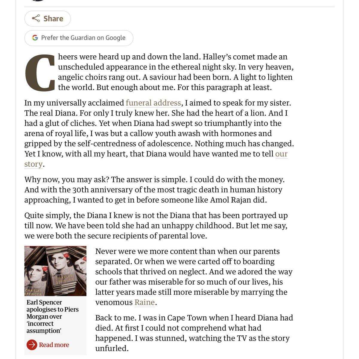 Charlesvoicema1's tweet photo. Serendipity: the faculty of making fortunate discoveries by accident.... and the Internet is perfect for that!

A Guardian article by John Crace. Highly recommended! Had me overflowing my incontinence pads! 

He does not just rip Swan Song into pieces, he puts it through the shredder, removes all the lengths, and puts them back through sideways!

Did you know that CP wrote a eulogy? 🤔🤔😂