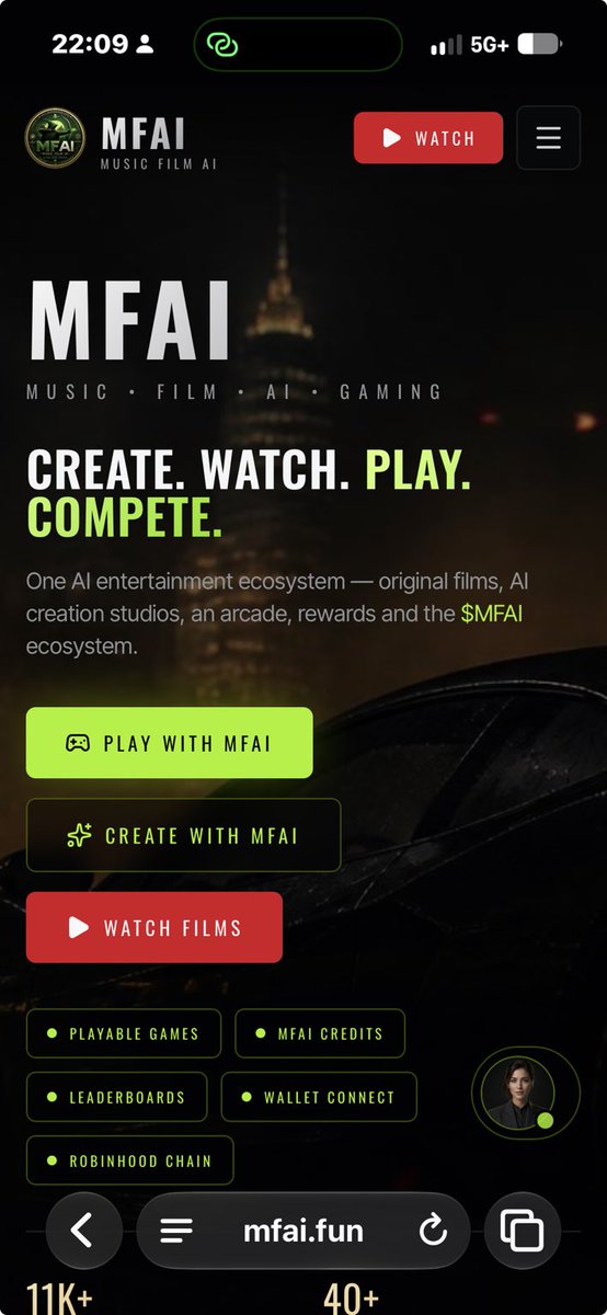 Mfai_fun's tweet photo. MFAI IS EXPANDING. 🟢🔴

We’re building more than one product.
We’re building an AI entertainment ecosystem.

🎬 https://t.co/0uzN31EUMa — Music • Film • AI • Create • Watch • Play
📻 MFAI RADIO — Live music & radio from around the world
🎮 MFAI GAMING — AI gaming, creator-built games, guilds & token-powered game economies

Three platforms. One ecosystem.
Powered by $MFAI on Robinhood Chain.

CREATE. WATCH. PLAY. COMPETE.

This is only the beginning.

#MFAI #MusicFilmAI #AIGaming #AIRadio #AIEntertainment #RobinhoodChain #Web3Gaming #Crypto