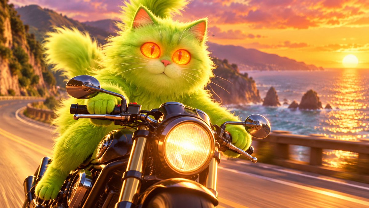 BlackBerryCatX's tweet photo. Engines roaring. Eyes glowing. 🏍️⚡

Quantum Cat is on his way to stir up the meme world. Who’s ready for the ride? 🐈💚

#QuantumCat #MemeWorld #CatMemes https://t.co/OSA9jNZjPo