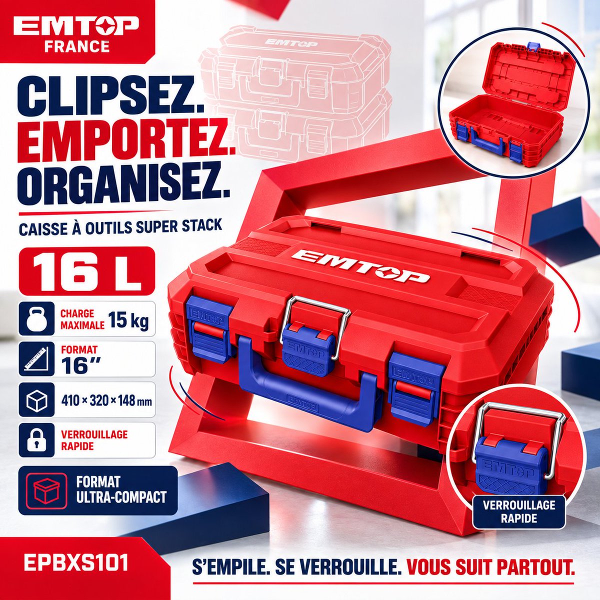 EMTOP_FRANCE's tweet photo. 🚀 CLIPSEZ. EMPORTEZ. ORGANISEZ.
Votre matériel mérite mieux qu’un rangement improvisé. 😉
🧰 16 L pour vos essentiels
💪 Jusqu’à 15 kg de charge
🔒 Verrouillage rapide
📏 Format 16"
📦 Format ultra-compact
👉 S’empile. Se verrouille. Vous suit partout.
📌 EPBXS101
#EMTOP https://t.co/Xf97DEDOuG
